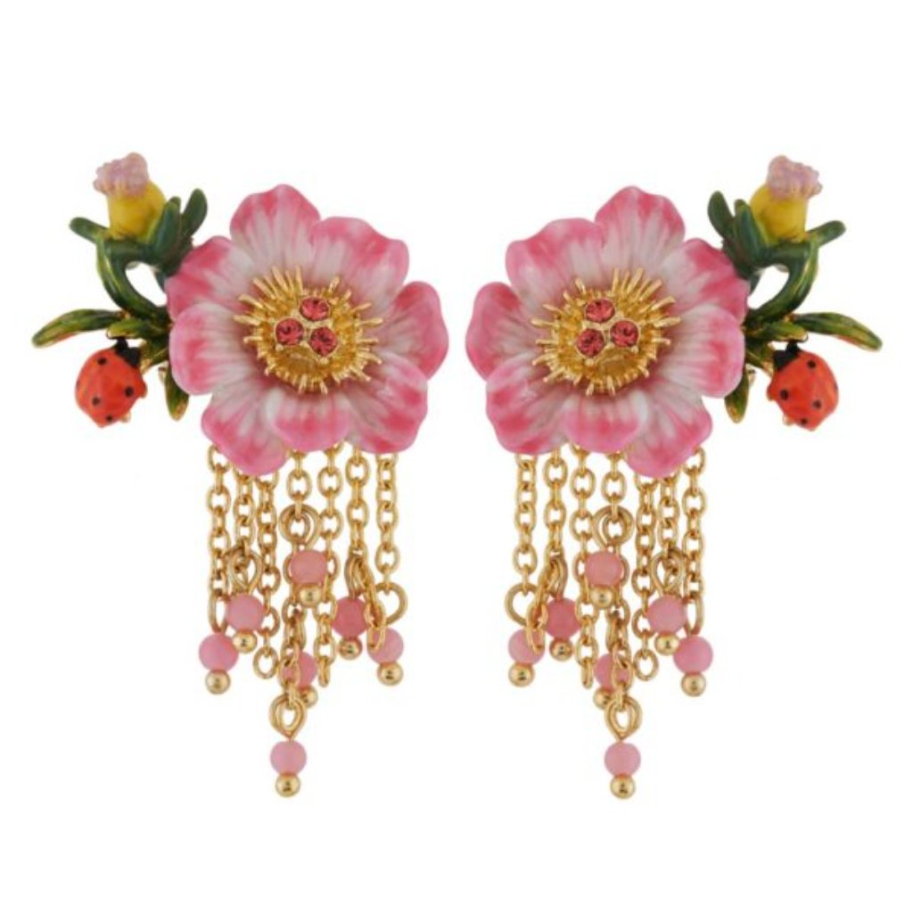 Les Nereides Hiver A Giverny Pink Flower Lady Bug Stud Earrings